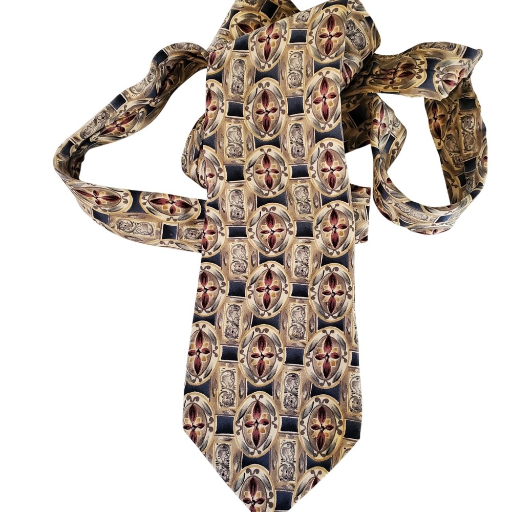 Van Heusen 417 Mens Silk Necktie Gold Navy Blue Burgundy Medallion Geometric